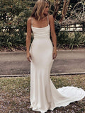 Sheath/Column Ruched Spaghetti Straps Charmeuse Sweep/Brush Train Sleeveless Wedding Dresses TPP0005927