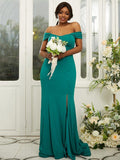 Sheath/Column Jersey Ruffles Off-the-Shoulder Sleeveless Sweep/Brush Train Bridesmaid Dresses TPP0004980