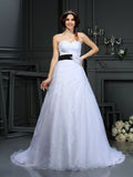 A-Line/Princess Sweetheart Sash/Ribbon/Belt Sleeveless Long Satin Wedding Dresses TPP0006874