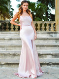 Sheath/Column Spaghetti Straps Silk like Satin Sleeveless Sweep/Brush Train Dresses TPP0001479