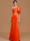 Trumpet/Mermaid One-Shoulder Sleeveless Floor-Length Ruched Satin Bridesmaid Dresses TPP0005353