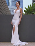 Sheath/Column Stretch Crepe Ruched V-neck Sleeveless Sweep/Brush Train Wedding Dresses TPP0006443