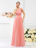 A-Line/Princess One-Shoulder Pleats Sleeveless Long Chiffon Bridesmaid Dresses TPP0005059