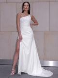 Sheath/Column Satin Ruched One-Shoulder Sleeveless Sweep/Brush Train Wedding Dresses TPP0006584