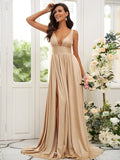 A-Line/Princess Jersey Ruffles V-neck Sleeveless Sweep/Brush Train Bridesmaid Dresses TPP0004896