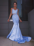 Trumpet/Mermaid Satin Lace V-neck Sleeveless Sweep/Brush Train Two Piece Dresses TPP0004496