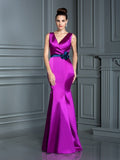 Trumpet/Mermaid V-neck Hand-Made Flower Sleeveless Long Elastic Woven Satin Bridesmaid Dresses TPP0005046