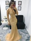 Trumpet/Mermaid Tulle Beading Halter Sleeveless Sweep/Brush Train Dresses TPP0001779