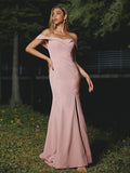 Sheath/Column Stretch Crepe Ruffles Off-the-Shoulder Sleeveless Sweep/Brush Train Bridesmaid Dresses TPP0004955