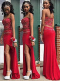 Sheath/Column Sweetheart Sleeveless Beading Floor-Length Satin Two Piece Dresses TPP0002397