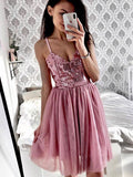 A-Line/Princess Tulle Sequin Spaghetti Straps Sleeveless Short/Mini Homecoming Dresses TPP0009014