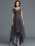 A-Line/Princess V-neck Short Sleeves Asymmetrical Tulle Mother of the Bride Dresses TPP0007098