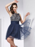 Sheath/Column Bateau Sleeveless Beading Short Tulle Homecoming Dresses TPP0008619