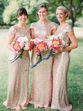 Sheath/Column Bateau Floor-Length Short Sleeves Sequins Bridesmaid Dresses TPP0005168