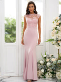 Trumpet/Mermaid Charmeuse Applique High Neck Sleeveless Floor-Length Bridesmaid Dresses TPP0004924