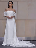 Sheath/Column Lace Ruffles Off-the-Shoulder Short Sleeves Sweep/Brush Train Wedding Dresses TPP0006510