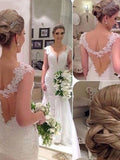 Trumpet/Mermaid Sleeveless V-neck Sweep/Brush Train Applique Lace Tulle Wedding Dresses TPP0006485