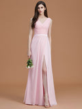 A-Line/Princess V-neck Sleeveless Floor-Length Ruched Chiffon Bridesmaid Dresses TPP0005284