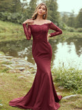 Sheath/Column Stretch Crepe Applique Off-the-Shoulder Long Sleeves Sweep/Brush Train Bridesmaid Dresses TPP0004985