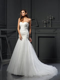 Trumpet/Mermaid Sweetheart Applique Sleeveless Long Tulle Wedding Dresses TPP0006386