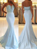 Trumpet/Mermaid Sleeveless Sweetheart Sweep/Brush Train Beading Satin Dresses TPP0002227