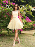 A-Line/Princess Scoop Lace Sleeveless Short Elastic Woven Satin Bridesmaid Dresses TPP0005043