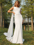 Sheath/Column Satin Ruched Scoop Sleeveless Sweep/Brush Train Wedding Dresses TPP0006592