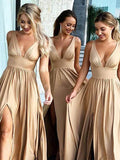 A-Line/Princess Sleeveless V-neck Sweep/Brush Train Ruffles Spandex Bridesmaid Dresses TPP0004911