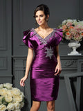 Sheath/Column V-neck Beading Sleeveless Short Elastic Woven Satin Mother of the Bride Dresses TPP0007381