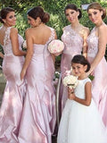 Trumpet/Mermaid One-Shoulder Sleeveless Elastic Woven Satin Floor-Length Bridesmaid Dresses TPP0005315