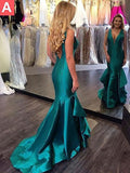 Trumpet/Mermaid Sleeveless V-Neck Satin Layers Sweep/Brush Train Dresses TPP0002373