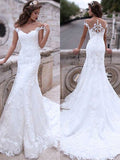 Trumpet/Mermaid Tulle Applique Off-the-Shoulder Sleeveless Sweep/Brush Train Wedding Dresses TPP0005975