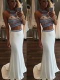 Trumpet/Mermaid Sleeveless Halter Beading Sweep/Brush Train Spandex Two Piece Dresses TPP0002154