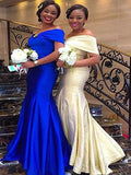 Trumpet/Mermaid Off-the-Shoulder Sleeveless Sweep/Brush Train Ruffles Satin Bridesmaid Dresses TPP0005250