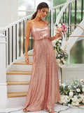 A-Line/Princess Sequins Ruched Straps Sleeveless Floor-Length Bridesmaid Dresses TPP0004943