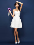 A-Line/Princess Sweetheart Lace Pleats Sleeveless Short Satin Bridesmaid Dresses TPP0005420