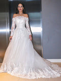 A-Line/Princess Lace Applique Off-the-Shoulder Long Sleeves Sweep/Brush Train Wedding Dresses TPP0006083