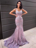 Trumpet/Mermaid Sleeveless Sweep/Brush Train Applique Tulle V-neck Dresses TPP0001619