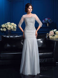 Sheath/Column Scoop Beading 3/4 Sleeves Long Net Mother of the Bride Dresses TPP0007137