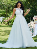 A-Line/Princess Tulle Lace Scoop Sleeveless Sweep/Brush Train Wedding Dresses TPP0006398