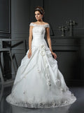 Ball Gown Off-the-Shoulder Hand-Made Flower Sleeveless Long Satin Wedding Dresses TPP0006478