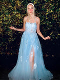 A-Line/Princess Tulle Applique Spaghetti Straps Sleeveless Sweep/Brush Train Dresses TPP0001532