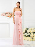 Sheath/Column Strapless Hand-Made Flower Sleeveless Long Chiffon Bridesmaid Dresses TPP0005538