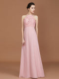 A-Line/Princess Halter Sleeveless Lace Floor-Length Chiffon Bridesmaid Dress TPP0005757