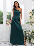 Sheath/Column Elastic Woven Satin Ruched One-Shoulder Sleeveless Floor-Length Bridesmaid Dresses TPP0004908