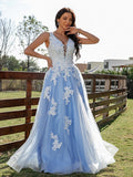 A-Line/Princess Tulle Applique V-neck Sleeveless Sweep/Brush Train Dresses TPP0001441