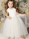 A-Line/Princess Short Sleeves Tulle Lace Scoop Floor-Length Flower Girl Dresses TPP0007911