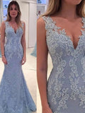 Trumpet/Mermaid V-neck Sleeveless Applique Sweep/Brush Train Lace Dresses TPP0002257