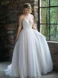 A-Line/Princess Tulle Ruffles Spaghetti Straps Sweep/Brush Train Sleeveless Wedding Dresses TPP0006971