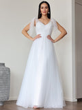 A-Line/Princess Tulle Ruffles V-neck Sleeveless Floor-Length Wedding Dresses TPP0007026